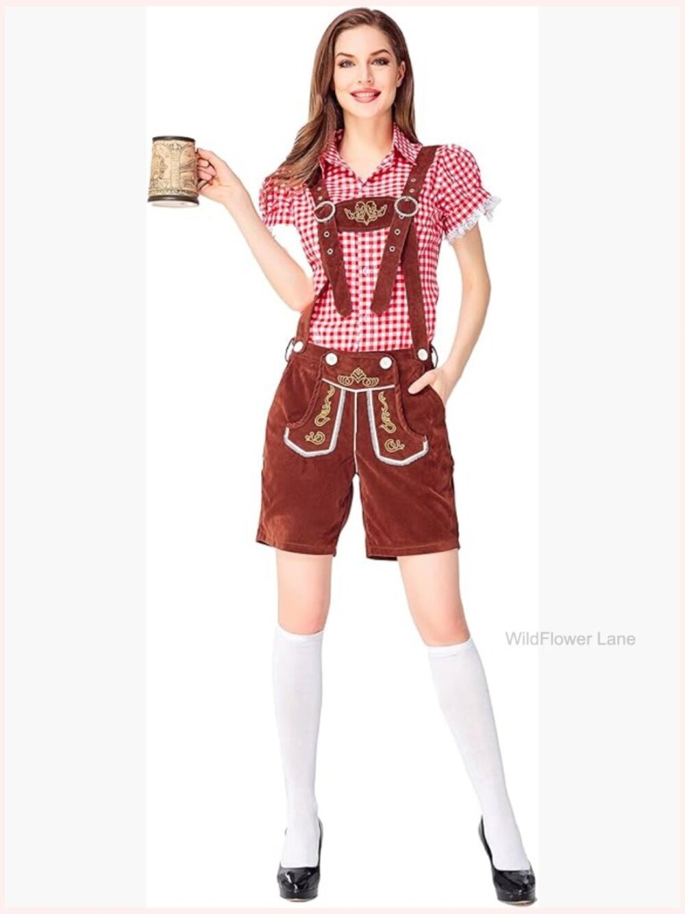 Women's German Oktoberfest Costume with Lederhosen Shorts and Plaid Blouse